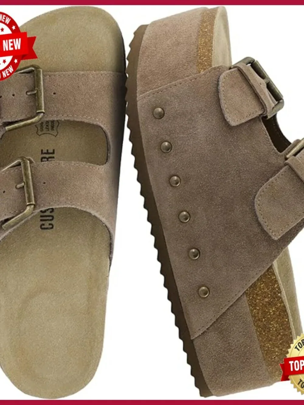 Genuine Leather Platform Sandals, Studded Chunky Slide, Comfort Footbed